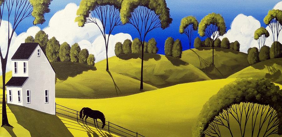 Downhill graze - folk art landscape Painting by Debbie Criswell