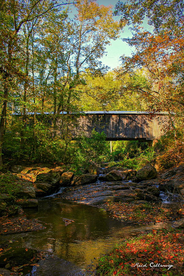 Downstream Autumn Elder Mill Covered Bridge Art Photograph by Reid Callaway