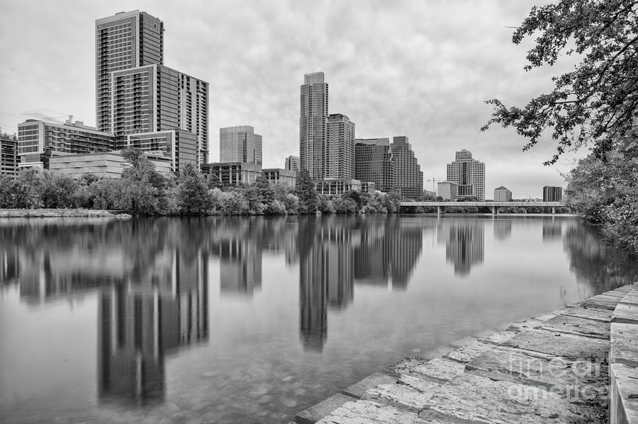 Downtown Austin in Black and White Across Lady Bird Lake - Colorado River Texas Hill Country Photograph by Silvio Ligutti