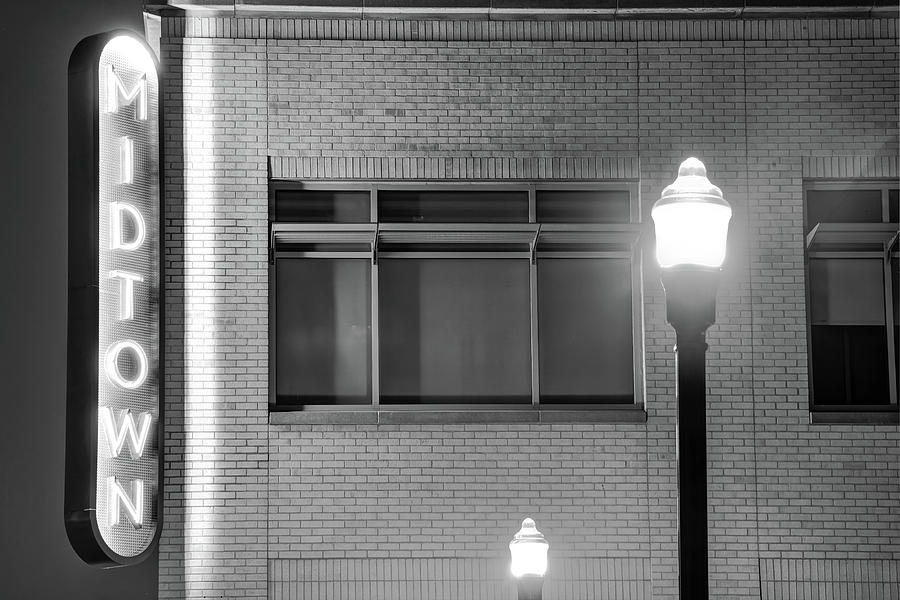 Downtown Bentonville Architecture - Midtown Neon in Black and White Photograph by Gregory Ballos