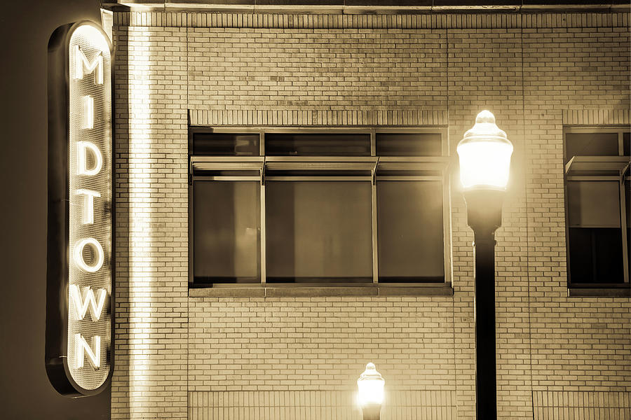 Downtown Bentonville Architecture - Midtown Neon in Sepia Photograph by Gregory Ballos