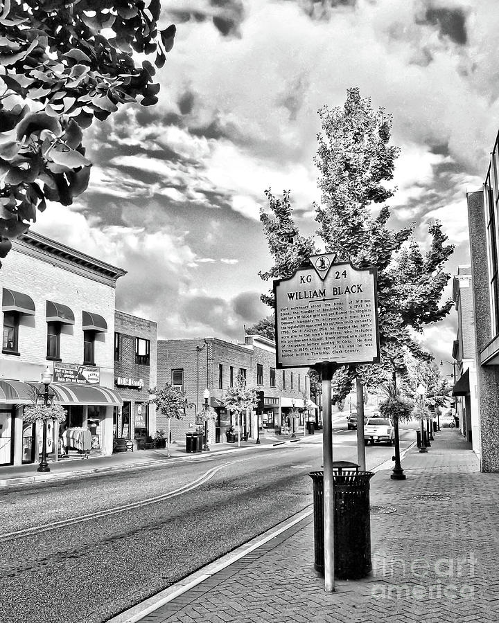 Downtown Blacksburg with Historical Marker - Black and White Photograph by Kerri Farley
