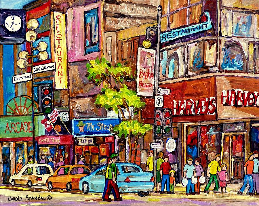 Downtown Burgers Harveys Mr Steer Bashas Montreal Memories Canadian Art Colorful Streetscenes  Painting by Carole Spandau