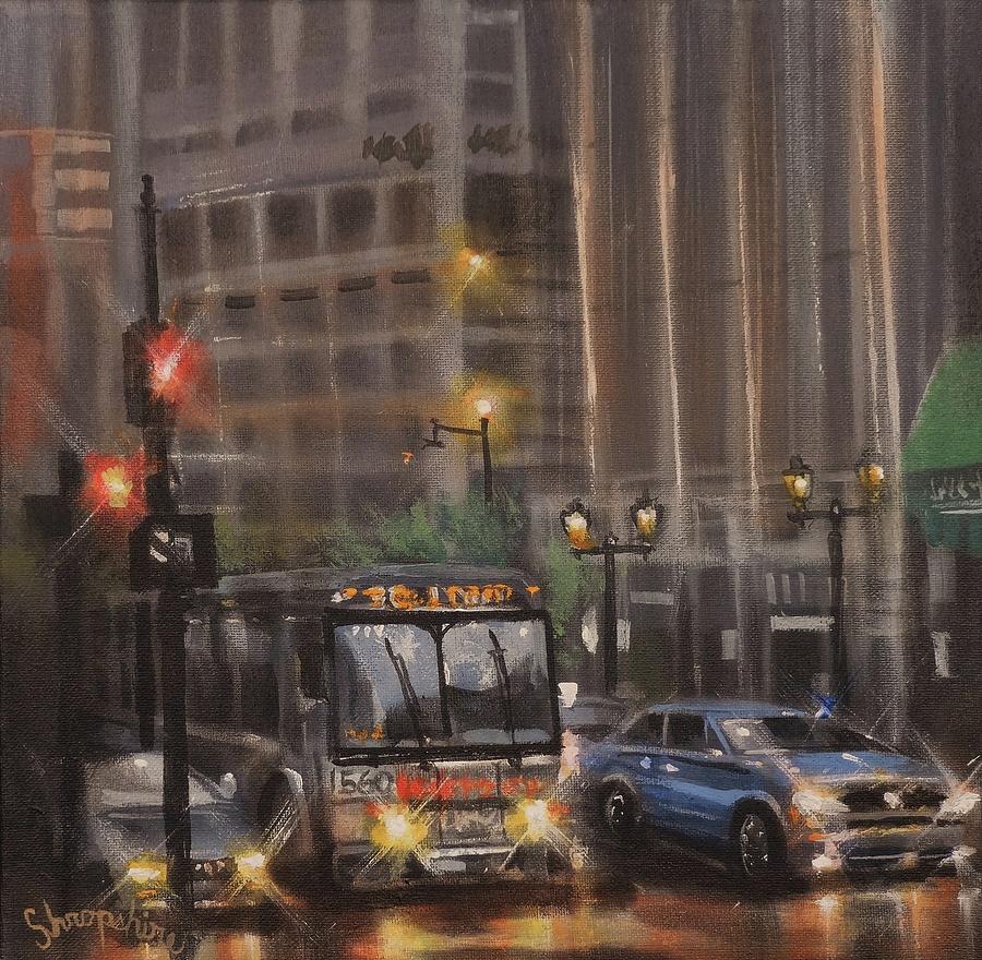 Downtown Bus Painting by Tom Shropshire