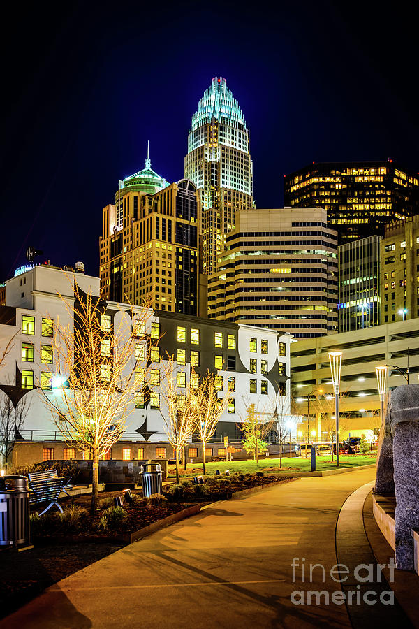 Downtown Charlotte Bearden Park at Night Photograph by Paul Velgos