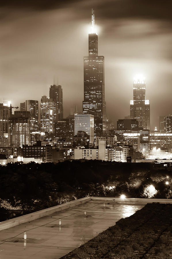 Chicago Skyline Photograph - Downtown Chicago Illinois Skyline - Sepia Edition by Gregory Ballos