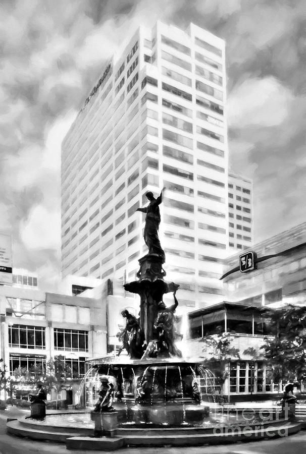 Downtown Cincinnati At Fountain Square Black and White Photograph by Mel Steinhauer