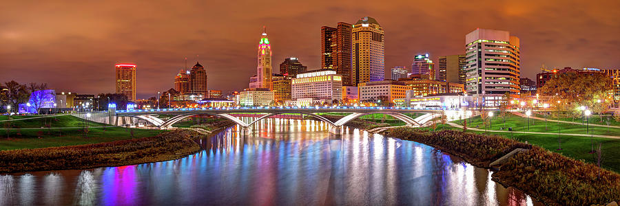 Downtown Columbus Ohio Skyline Panorama at Night Photograph by Gregory Ballos