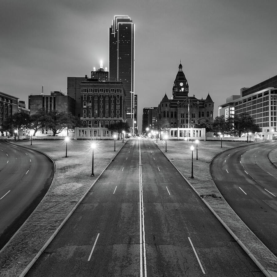Dallas Photograph - Downtown Dallas Skyline - Dealey Plaza Lights - Black and White by Gregory Ballos