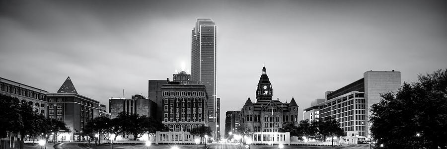 John F Kennedy Photograph - Downtown Dallas Texas Black and White Skyline Panoramic by Gregory Ballos