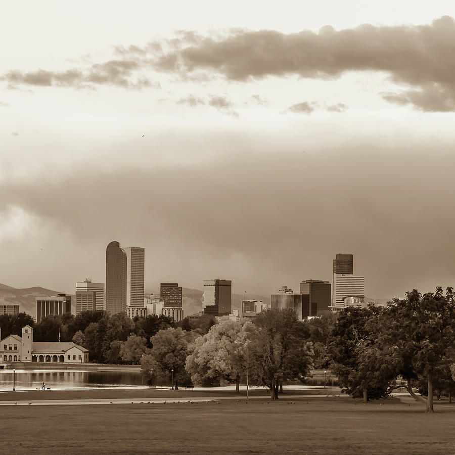 Denver Skyline Photograph - Downtown Denver Colorado City Skyline in Sepia 1x1 by Gregory Ballos