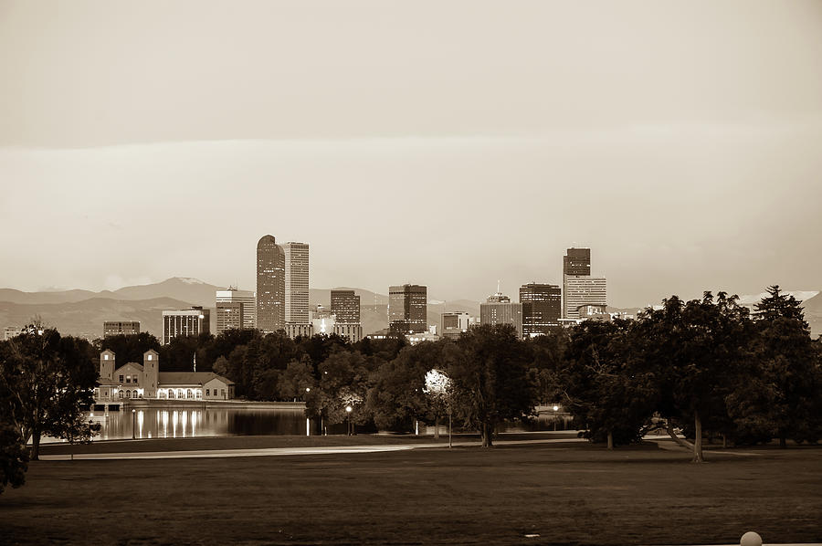 Denver Skyline Photograph - Downtown Denver Colorado City Skyline in Sepia by Gregory Ballos