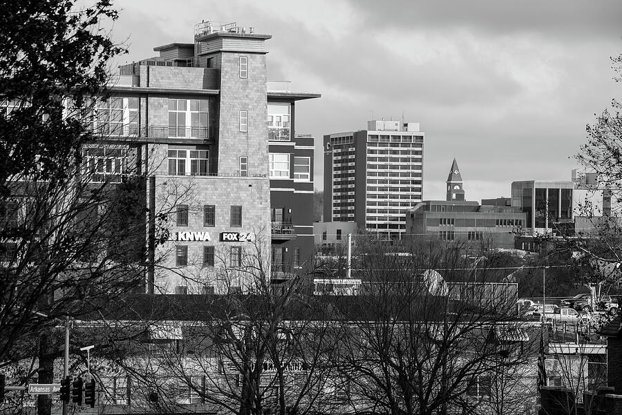 Black And White Photograph - Downtown Fayetteville Arkansas Skyline - Dickson Street - Black and White Edition. by Gregory Ballos