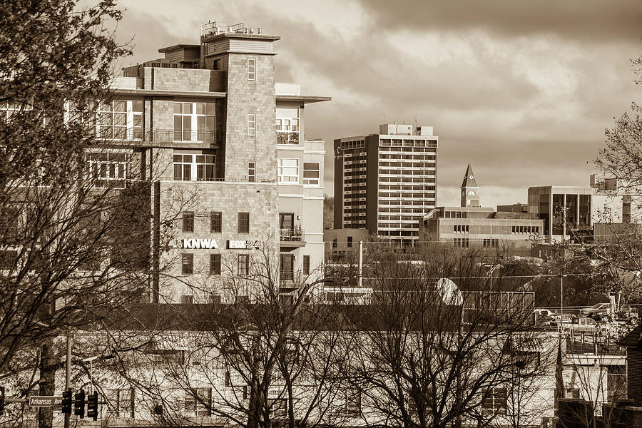 Vintage Photograph - Downtown Fayetteville Arkansas Skyline - Dickson Street - Sepia Edition. by Gregory Ballos