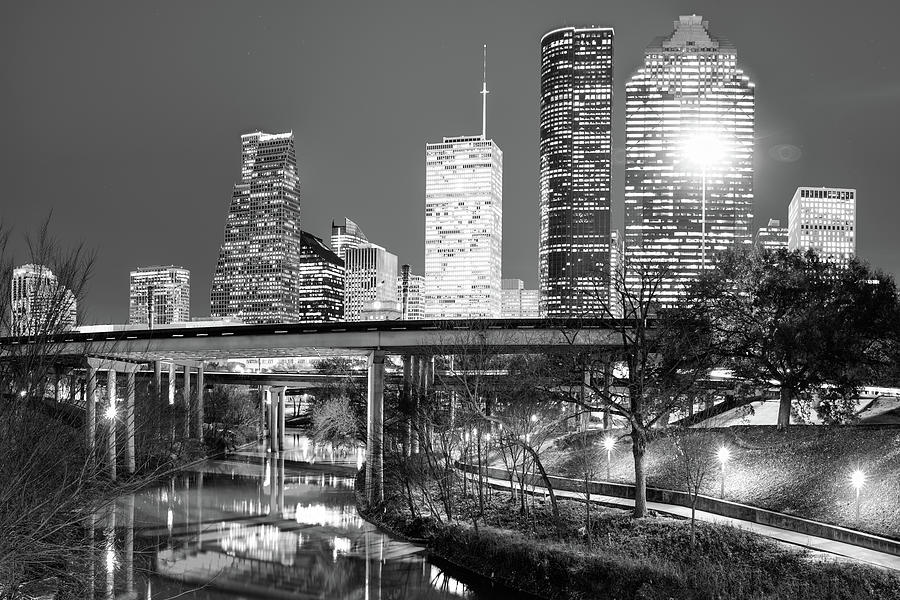 Downtown Houston City Skyline at Night on the Buffalo Bayou - Black and White Photograph by Gregory Ballos