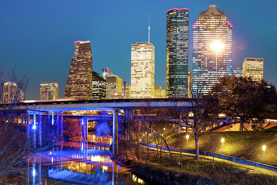 Houston Skyline Photograph - Downtown Houston City Skyline at Night on the Buffalo Bayou by Gregory Ballos