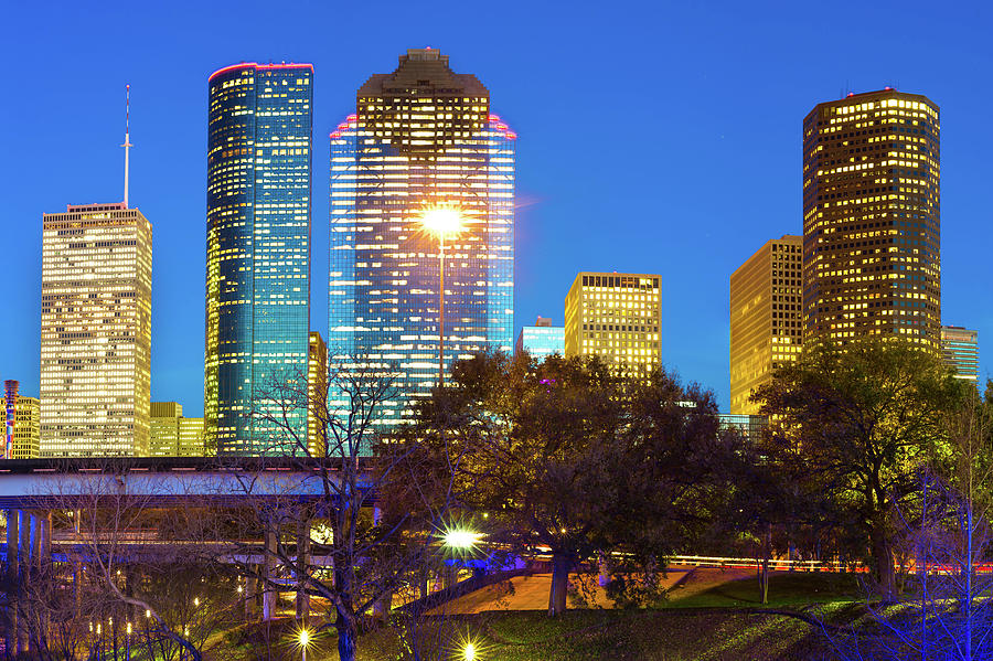Downtown Houston City Skyline - Vibrant Lights Photograph
