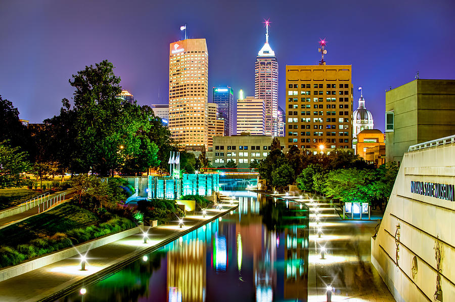 Downtown Indianapolis at Night - Canal Walk Skyline View Photograph by Gregory Ballos