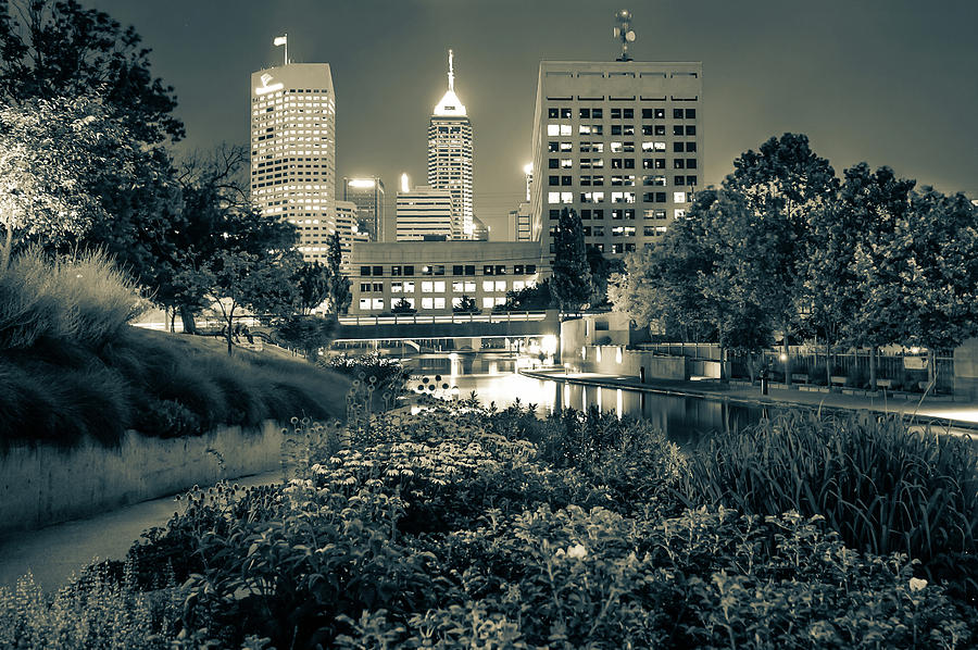 Indianapolis Skyline Photograph - Downtown Indianapolis Skyline at Night - Sepia by Gregory Ballos