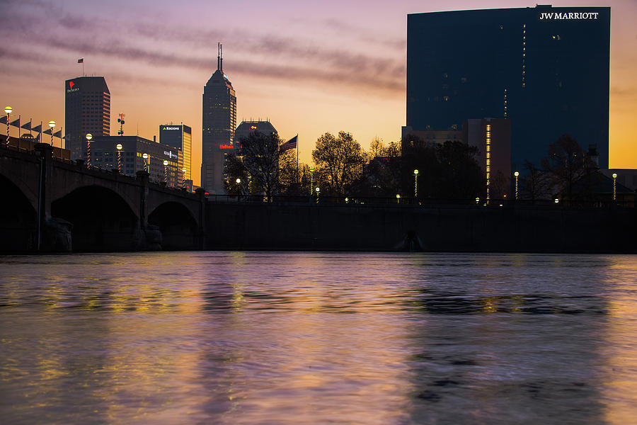 Indianapolis Skyline Photograph - Downtown Indianapolis Skyline Silhouettes on the Water by Gregory Ballos