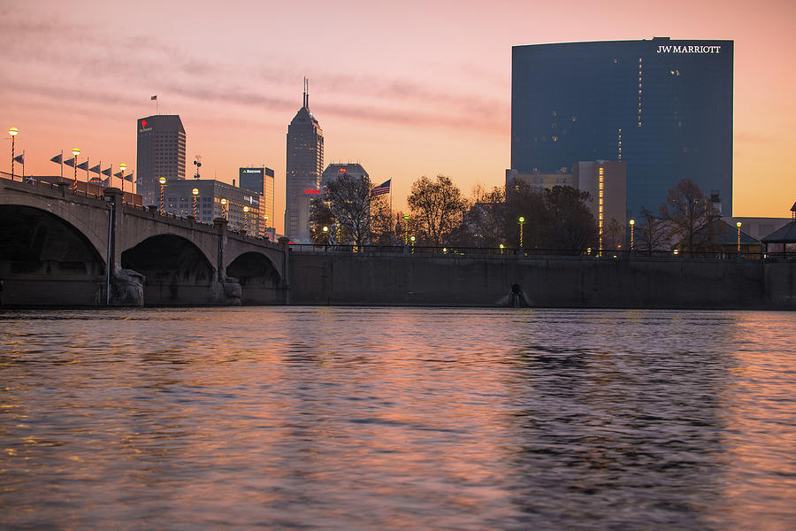 Indianapolis Skyline Photograph - Downtown Indianapolis Skyline Sunrise on the Water by Gregory Ballos