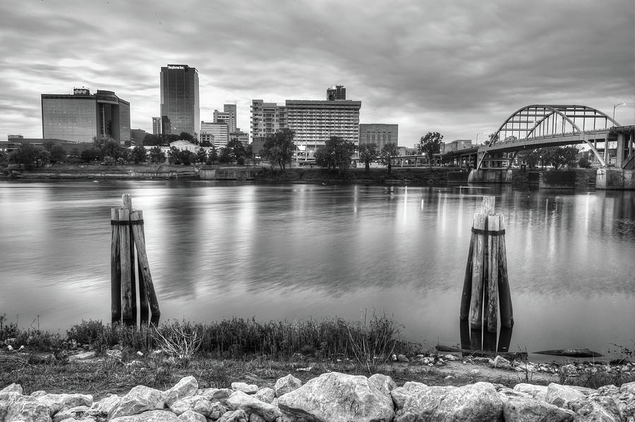 Downtown Little Rock Arkansas Skyline on the Water - Black and White Photograph by Gregory Ballos