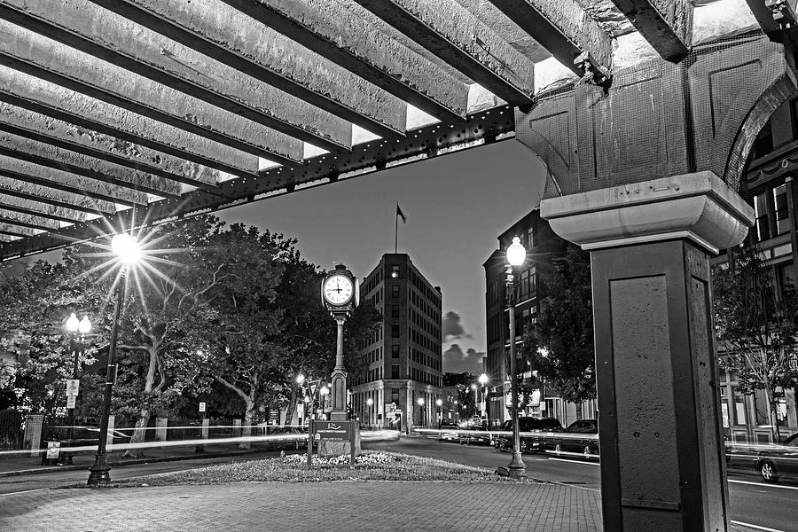 Downtown Lynn at Night Lynn MA Clock Black and White Photograph by Toby McGuire