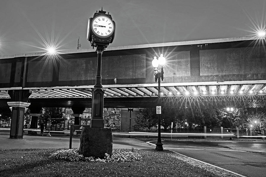 Downtown Lynn at Night Lynn MA Clock Rainbow Bridge Black and White Photograph by Toby McGuire