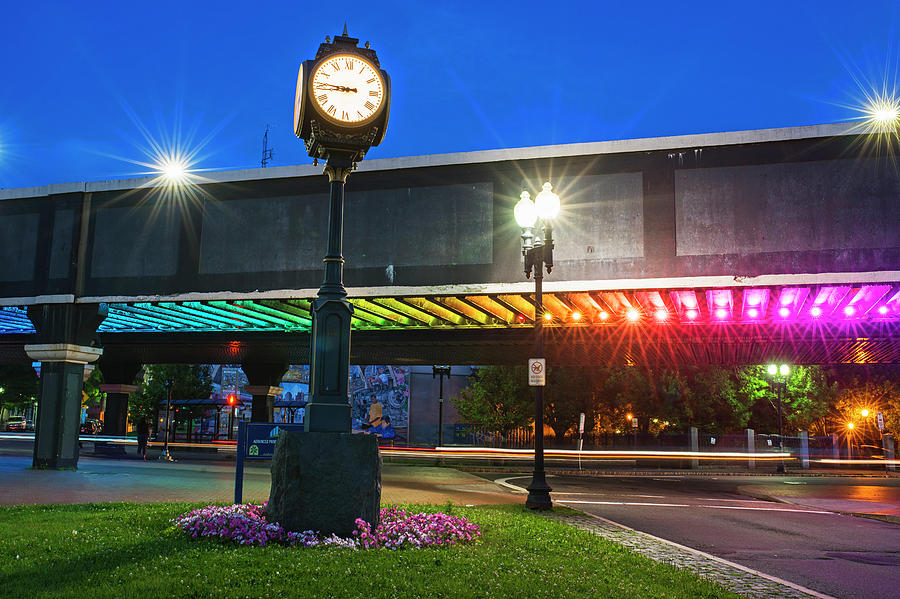 Downtown Lynn at Night Lynn MA Clock Rainbow Bridge Photograph by Toby McGuire