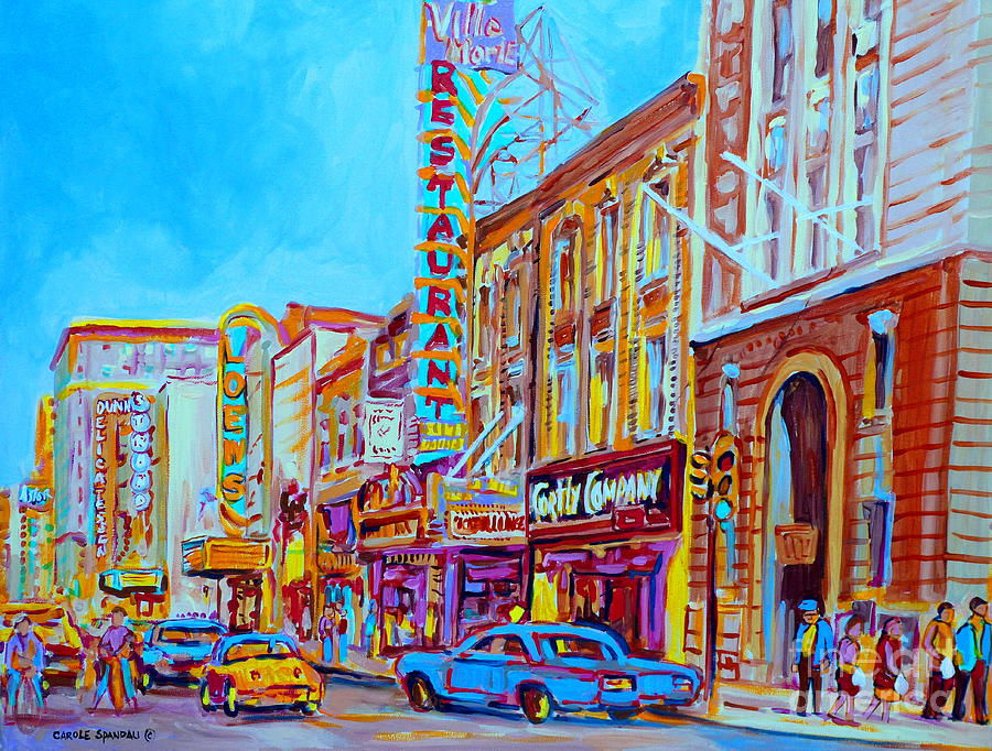 Downtown Montreal Street Rue Ste Catherine Vintage City Street With Shops And Stores Carole Spandau  Painting by Carole Spandau