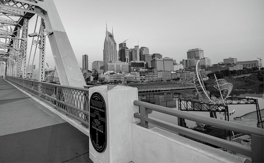 Downtown Nashville Skyline from the Shelby Street Bridge - Monochrome Photograph by Gregory Ballos