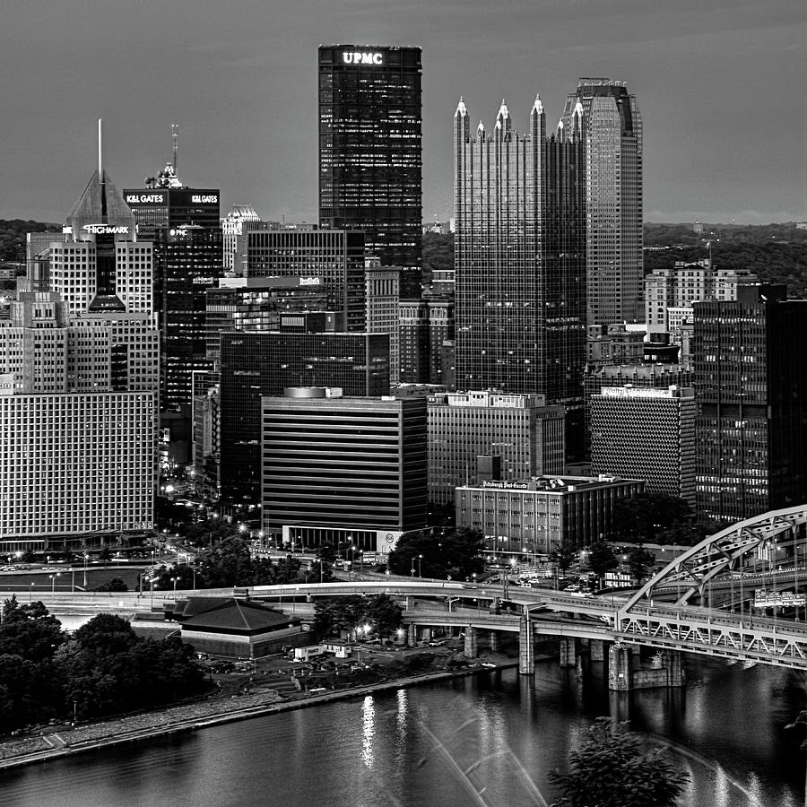 Downtown Pittsburgh at Twilight - Black and White Photograph by Mitch Spence