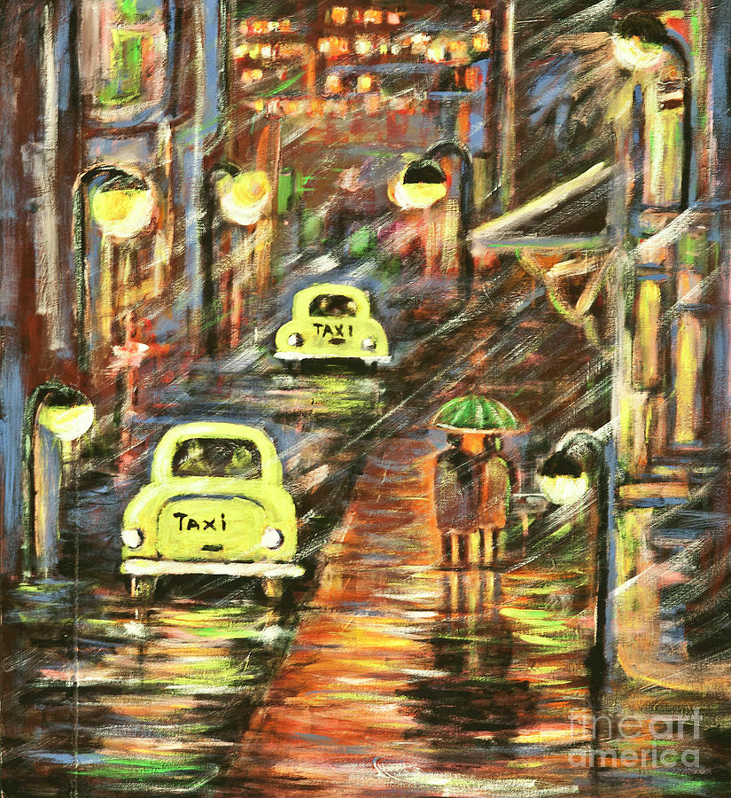 Downtown Rainy Street Painting by Pati Pelz