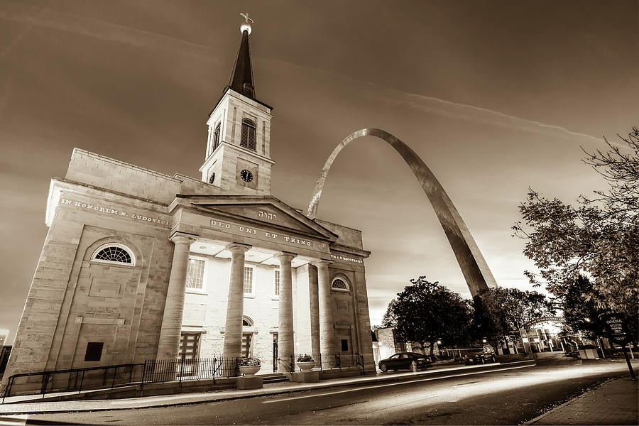 St. Louis Photograph - Downtown Saint Louis Arch and The Old Cathedral - Basilica of St. Louis in Sepia by Gregory Ballos