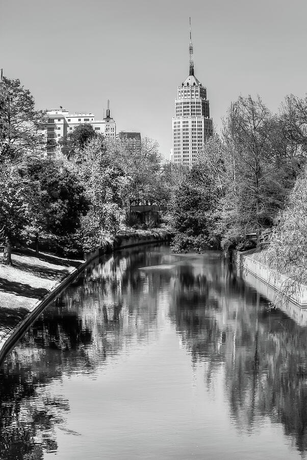 Downtown San Antonio Skyline on the River in Black and White Photograph by Gregory Ballos