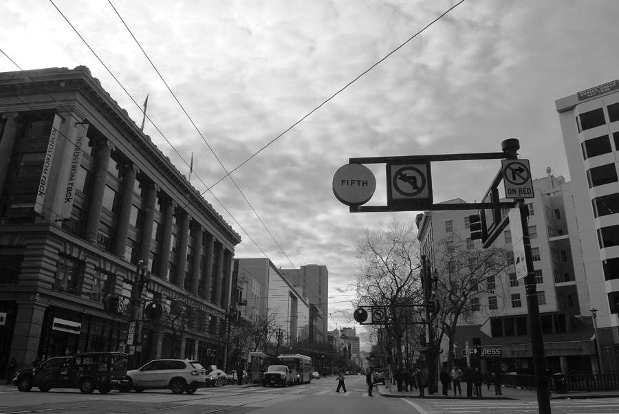 City Photograph - Downtown San Francisco - Market Street Intersection - Black and White by Matt Quest