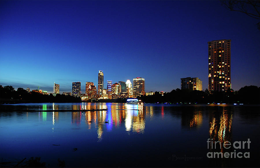 Downtown Skyline at Night from Lady Bird Lake Boardwalk - Austin ...