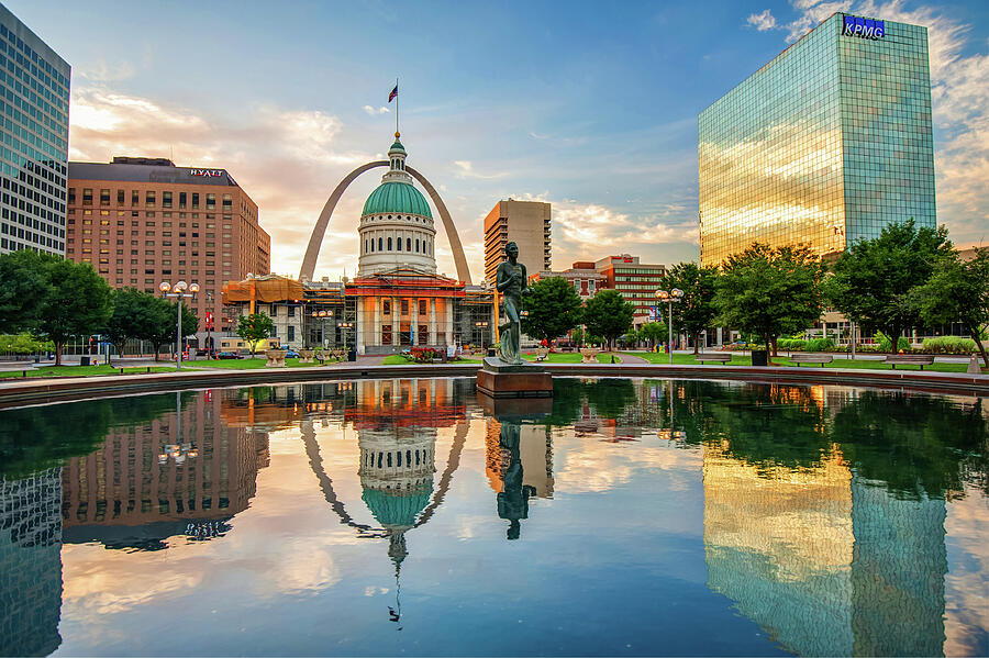 Architecture Photograph - Downtown St. Louis Skyline Morning Sunrise Reflections by Gregory Ballos