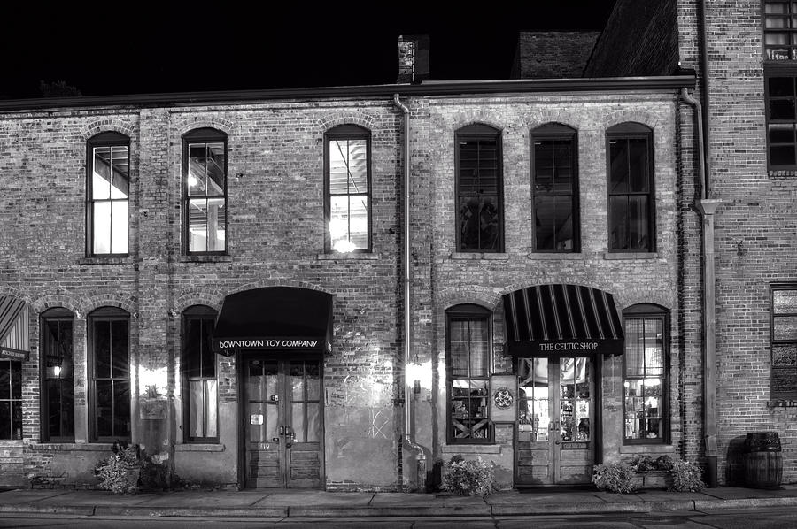Brick Photograph - Downtown Toy and The Celtic Shop in Black and White by Greg and Chrystal Mimbs