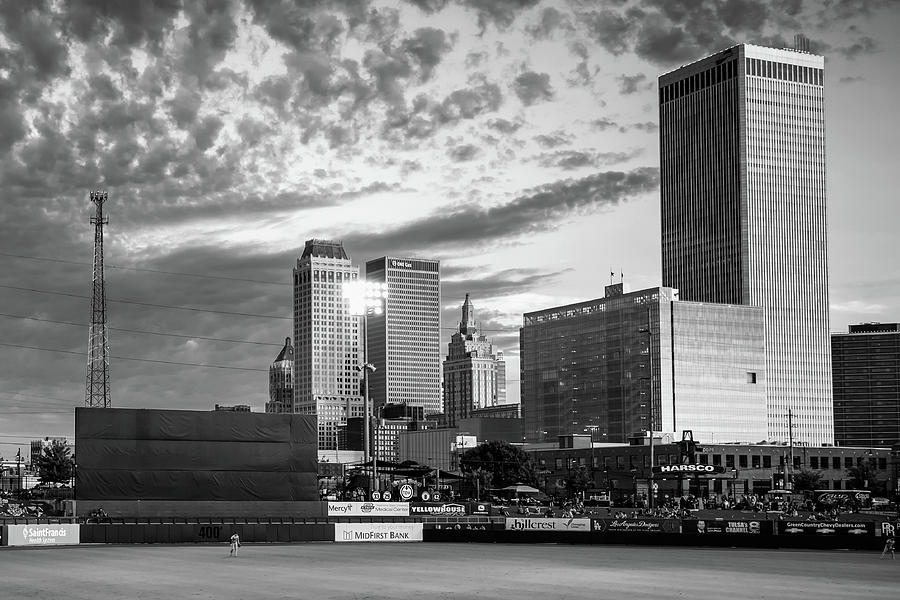 Tulsa Photograph - Downtown Tulsa Skyline from Oneok Stadium - Black and White by Gregory Ballos