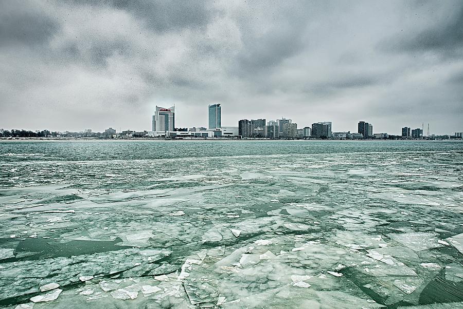 Downtown Windsor Canada City Skyline Across River In Spring Wint Photograph by Alex Grichenko