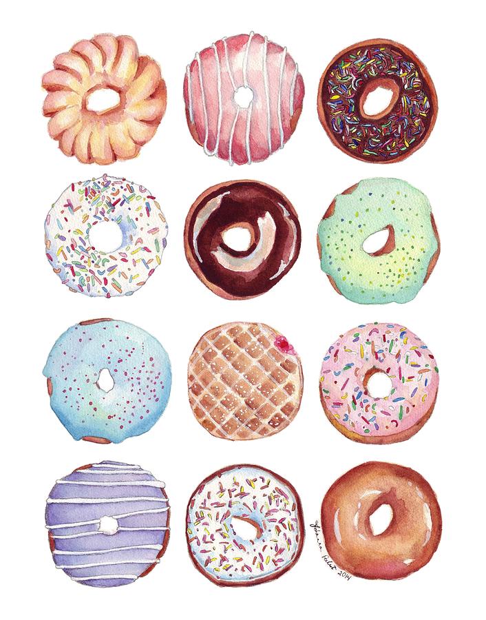 Donut Painting - Dozen Donuts Watercolor by Johanna Pabst