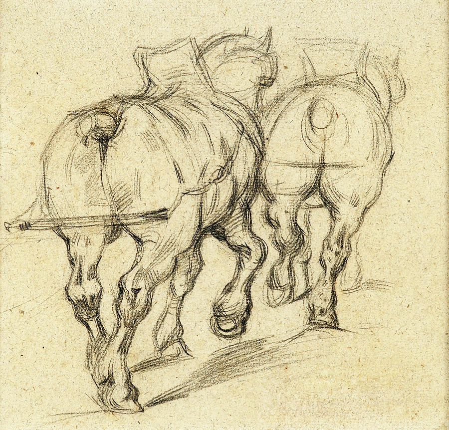 Draft horses after Gericault Drawing by Paul Cezanne
