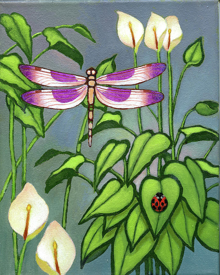 Dragon Painting - Dragon Fly and Lady Bug by Jane Whiting Chrzanoska