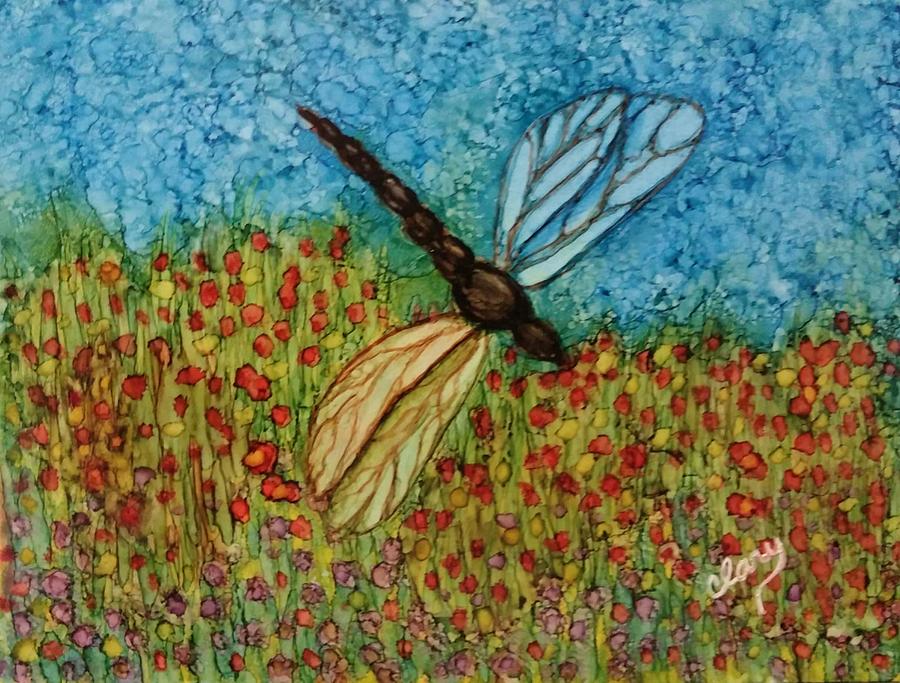 Dragon Fly in Poppy Field Painting by Linda Clary
