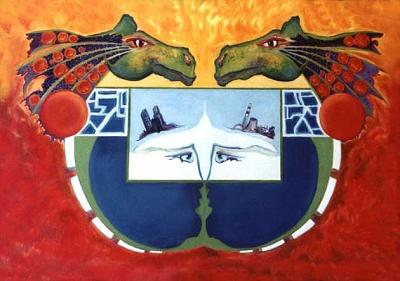 Dragons Painting - Dragon Horizon East Meets West by L R Emerson II Dragons Painting - Dragon Horizon East Meets West by L R Emerson II