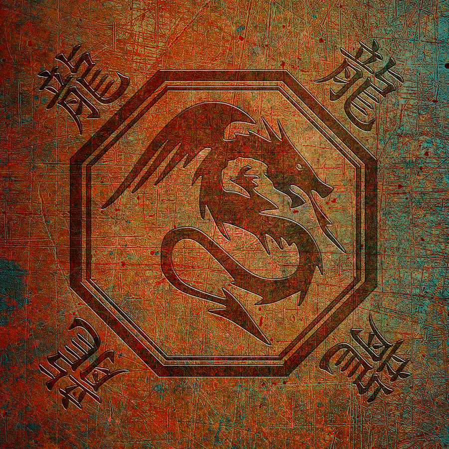 Dragon In An Octagon Frame With Chinese Dragon Characters Yellow Blue Tint  Digital Art by Fred Bertheas
