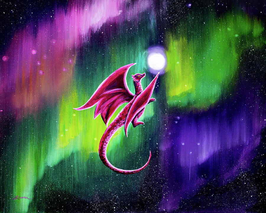 Dragon Soaring through the Northern Lights Painting by Laura Iverson