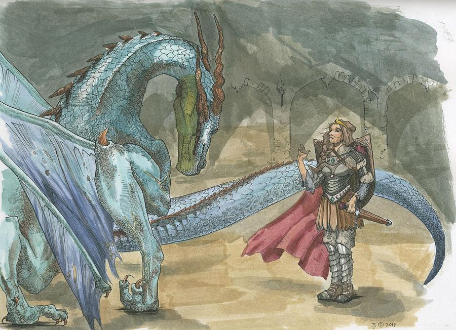Dragon Drawing - Dragon/Warrior by Jo Tomsick