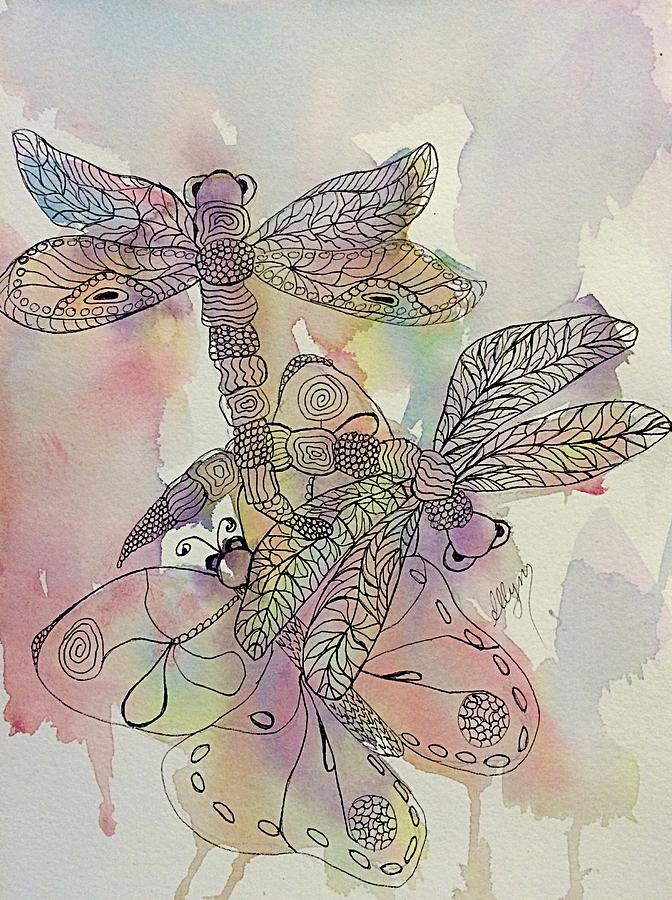 Dragonflies and Butterfly Painting by Ellen Levinson
